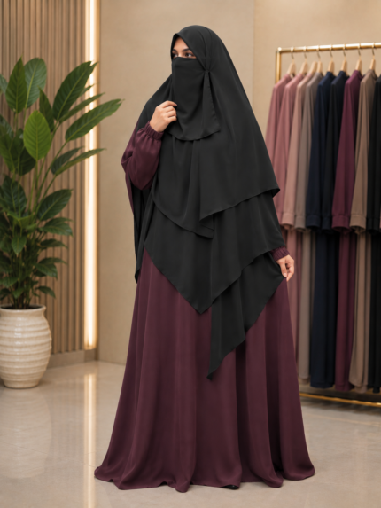 Black three layer chiffon khimar with matching niqab displayed on a mannequin, modest Islamic fashion. Yeh description aapki website par professional aur premium look dega.